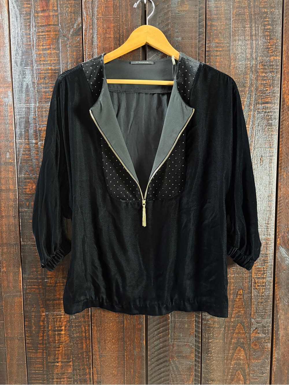 Tahari Black Velvet Zip Front Top with Studded Detail NWT Small